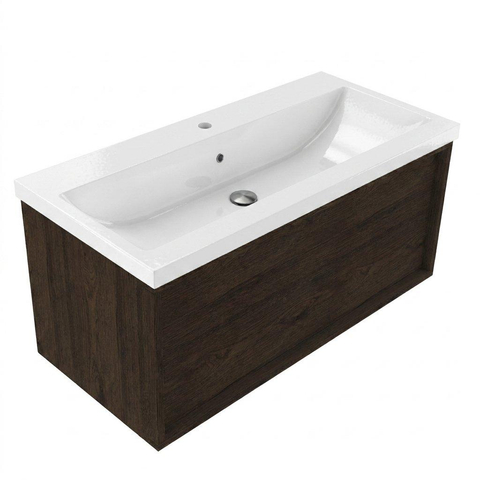 Saniclass Holz Frame Badkamermeubelset - 100x45x43.5cm - Bari keramische wastafel wit - 1 wasbak - 1 kraangat - 1 lade - mat eiken charcoal (hout) SW1478756