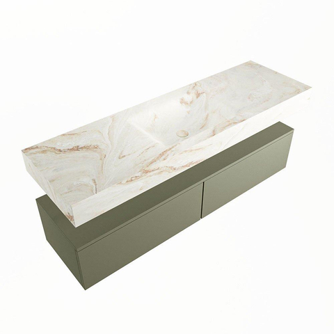 Mondiaz ALAN-DLUX Ensemble de meuble - 150cm - meuble Army mat - 2 tiroirs - Lavabo Cloud Frappe suspendu - vasque Centre - 1 trou de robinet SW804736