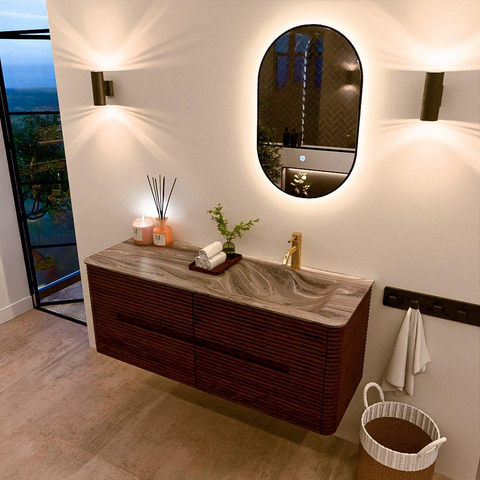 Mondiaz CIRO-DLUX Badkamermeubelset - 130x45x50cm - Solid surface wastafel Sombra - 1 wasbak Rechts - 1 kraangat - 4 lades - Ruby SW1531988