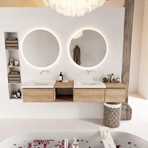MONDIAZ BUKLA 200cm ensemble de meuble avec module ouvert 40 gauche couleur Chêne blanchi avec 3 tiroirs. Lavabo CLOUD double 0 trou de robinet couleur Talc. SW1382186