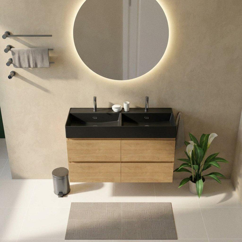 Saniclass Holz Pure Badkamermeubelset - 120x45x72cm - Legend keramische wastafel mat zwart - 2 wasbakken - 2 kraangaten - 4 lades - mat eiken natural (hout) SW1580192