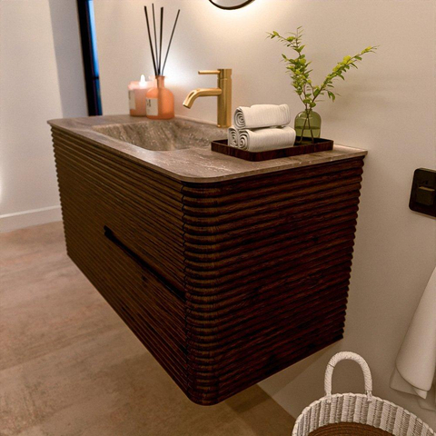 Mondiaz CIRO-DLUX Badkamermeubelset - 100x45x50cm - Solid surface wastafel Oza - 1 wasbak Midden - 1 kraangat - 2 lades - Walnut SW1530603