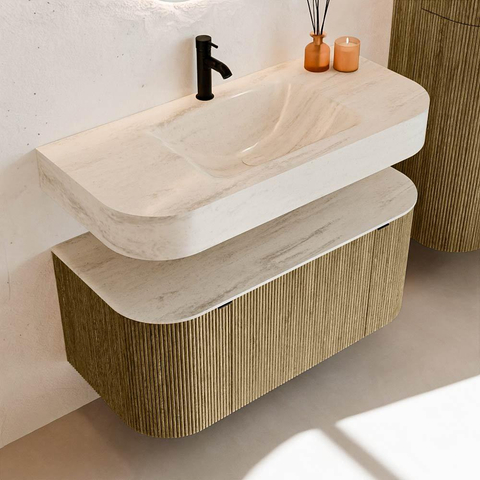 MONDIAZ THOR-DLUX 100cm meuble de salle de bains arrondi gauche + droite couleur Dusk avec 1 tiroir et 2 portes. Vasque suspendue CLOUD Milieu 1 trou de robinet couleur Meli. SW1467481