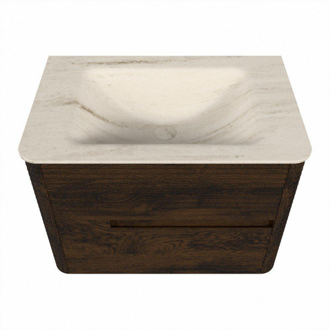 Mondiaz CIRO-DLUX Badkamermeubelset - 70x45x50cm - Solid surface wastafel Meli - 1 wasbak Midden - zonder kraangaten - 2 lades - Walnut SW1530464