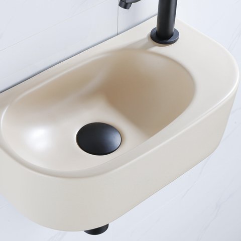 QeramiQ Fuente pack lave-mains – demi-rond – 40 x 21,5 x 12 cm – céramique beige – perçage à droite – robinet noir mat SW1232798