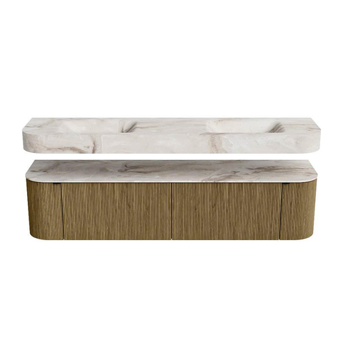 MONDIAZ THOR-DLUX Meuble de salle de bains - 190cm - arrondi gauche + droite - couleur Dusk - 2 tiroirs et 2 portes - Vasque suspendue CLOUD Double sans trou de robinet - couleur Frappe SW1466440
