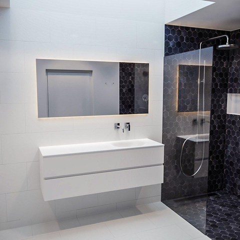 MONDIAZ VICA Ensemble de meuble salle de bain - 150cm - 2 tiroirs - lavabo Moon à droite - 0 trous de robinet - solid surface talc SW409725