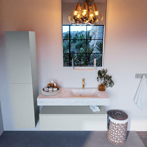 Mondiaz ALAN-DLUX Ensemble de meuble - 110cm - meuble Clay mat - 1 tiroir - Lavabo Cloud Opalo suspendu - vasque Droite - 1 trou de robinet SW806974