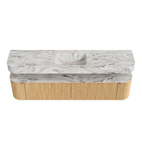 MONDIAZ THOR-DLUX 200cm badmeubel ronding links + rechts kleur Oak met 2 lades en 2 deuren. Vrijhangende wastafel CLOUD Midden 1 kraangat kleur Glace. SW1466955