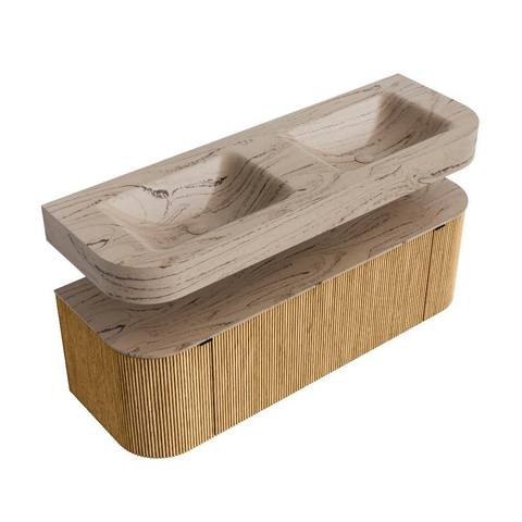 MONDIAZ THOR-DLUX 140cm badmeubel ronding links + rechts kleur Oak met 1 lade en 2 deuren. Vrijhangende wastafel CLOUD Dubbel 2 kraangaten kleur Arena. SW1464391