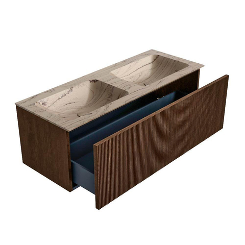 MONDIAZ KURVE-DLUX Meuble de salle de bains 120cm couleur Walnut avec 1 tiroir et 0 porte. Lavabo LEAF Double sans trou de robinet Arena. SW1431222