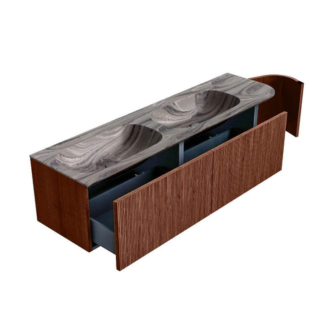 MONDIAZ KURVE-DLUX 165cm badmeubel ronding Rechts kleur Ruby met 2 lades en 1 deur. Wastafel STOR SMALL Dubbel / Links zonder kraangat Sombra. SW1434000