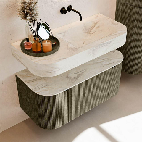 MONDIAZ THOR-DLUX 100cm meuble de salle de bains arrondi gauche + droite couleur Shadow avec 1 tiroir et 2 portes. Vasque suspendue CLOUD Droite sans trou de robinet couleur Ostra. SW1467528