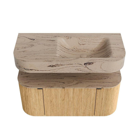 MONDIAZ THOR-DLUX 100cm meuble de salle de bains arrondi gauche + droite couleur Oak avec 1 tiroir et 2 portes. Vasque suspendue CLOUD droite 1 trou de robinet couleur Arena. SW1467445