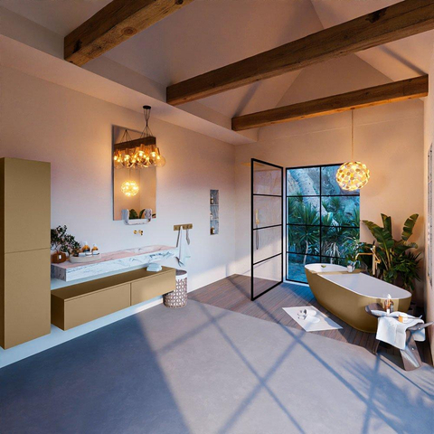 Mondiaz ALAN-DLUX Ensemble de meuble - 150cm - meuble Oro mat - 2 tiroirs - Lavabo Cloud Glace suspendu - vasque Droite - 0 trous de robinet SW805970