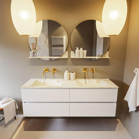 MONDIAZ VICA-DLUX Ensemble meuble de salle de bains - 150cm - meuble bas talc - 4 tiroirs - vasque encastrée cloud double - sans trous de robinet - version hauteur 60cm - frape SW1088617