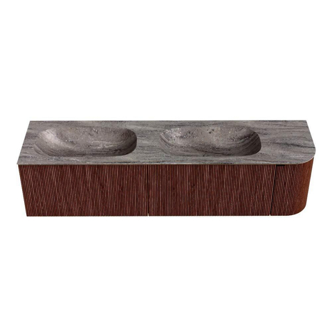 MONDIAZ KURVE-DLUX Meuble de salle de bains 175 cm avec arrondi droit couleur Ruby avec 2 tiroirs et 1 porte. Lavabo STOR SMALL Double / Gauche sans trou de robinet Oza. SW1432842