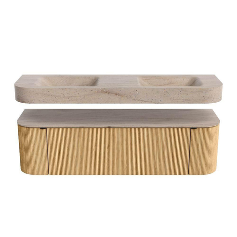 MONDIAZ THOR-DLUX 160cm meuble de salle de bains arrondi gauche + droite couleur Oak avec 1 tiroir et 2 portes. Vasque suspendue CLOUD Double sans trou de robinet couleur Saba. SW1467729