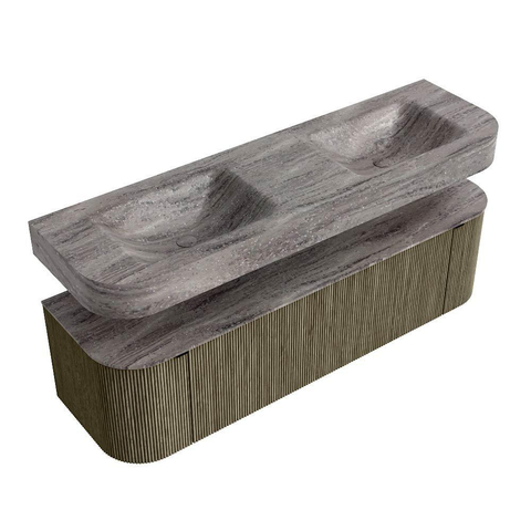 MONDIAZ THOR-DLUX 160cm meuble de salle de bains arrondi gauche + droite couleur Shadow avec 1 tiroir et 2 portes. Vasque suspendue CLOUD Double sans trou de robinet couleur Oza. SW1465319