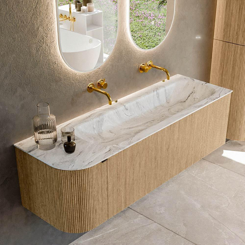 MONDIAZ KURVE-DLUX Meuble de salle de bains 145 cm avec module 25 L couleur Oak avec 1 tiroir et 1 porte. Lavabo BIG LARGE à droite sans trou de robinet couleur Glace. SW1137947