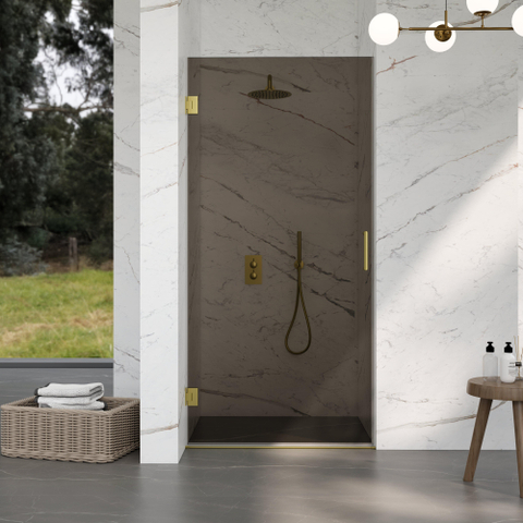 Fortifura Galeria Douchecabine - 140x90x200cm - scharnieren - deurgreep - vlak - rookglas - PVD - geborsteld messing (goud) SW1222188