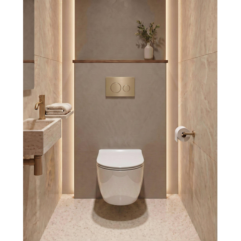 QeramiQ Dely Pack WC - 36,3x51,7cm - à fond creux - sans bride - réservoir encastré Geberit UP320 - abattant WC à fermeture douce - plaque de déclenchement en laiton brossé - boutons ronds - blanc mat SW804614
