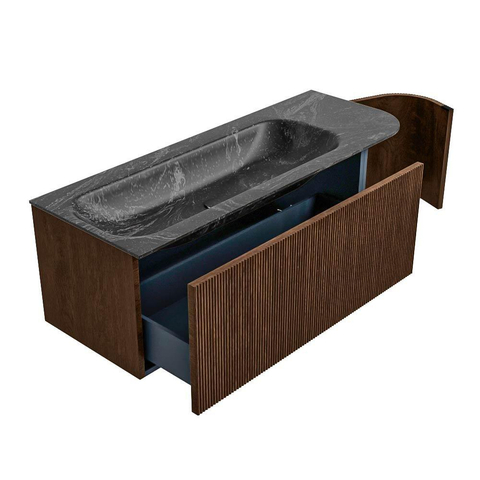 MONDIAZ KURVE-DLUX 125cm badmeubel met module 25 R kleur Walnut met 1 lade en 1 deur. Wastafel BIG MEDIUM links 1 kraangat kleur Lava. SW1137231