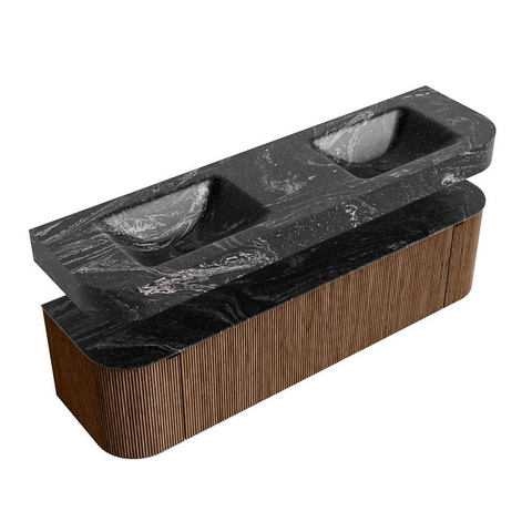 MONDIAZ THOR-DLUX 170cm meuble de salle de bains arrondi gauche + droite couleur Walnut avec 1 tiroir et 2 portes. Vasque suspendue CLOUD Double sans trou de robinet couleur Lava. SW1465595