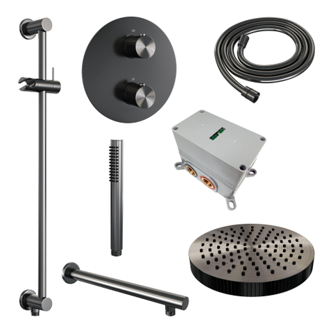 BRAUER Stripe Thermostatische Inbouw Regendouche - 3-weg - rond - SET 43 - 25cm douchekop - rechte muurarm - staaf handdouche - doucheslang - geïntegreerde glijstang - gunmetal geborsteld PVD SW1435015