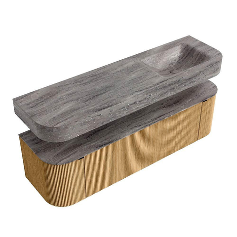 MONDIAZ THOR-DLUX 160cm meuble de salle de bains arrondi gauche + droite couleur Oak avec 1 tiroir et 2 portes. Vasque suspendue CLOUD Droite 1 trou de robinet couleur Oza. SW1465295