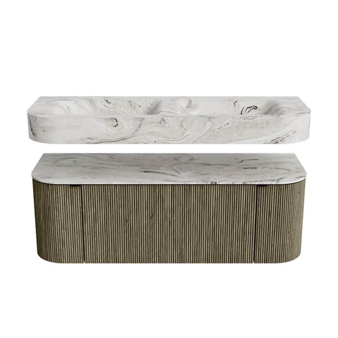 MONDIAZ THOR-DLUX 130cm meuble de salle de bains arrondi gauche + droite couleur Shadow avec 1 tiroir et 2 portes. Vasque suspendue CLOUD Double sans trou de robinet couleur Glace. SW1463771
