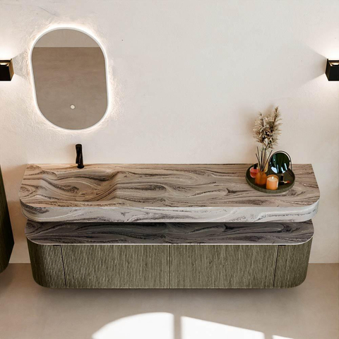MONDIAZ THOR-DLUX Meuble de salle de bains 190cm arrondi gauche + droite couleur Shadow avec 2 tiroirs et 2 portes. Vasque suspendue CLOUD Gauche 1 trou de robinet couleur Sombra. SW1466625