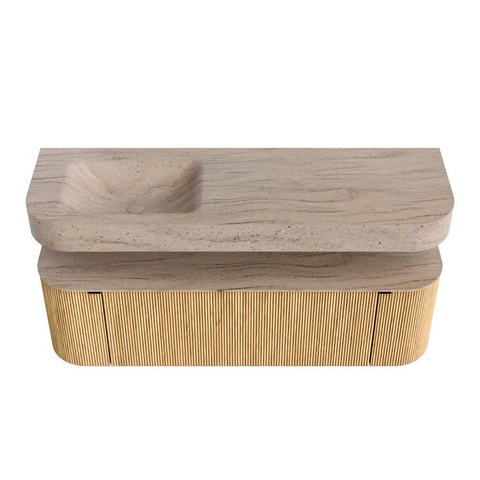 MONDIAZ THOR-DLUX 150cm meuble de salle de bains arrondi gauche + droite couleur Oak avec 1 tiroir et 2 portes. Vasque suspendue CLOUD gauche sans trou de robinet couleur Saba. SW1464862