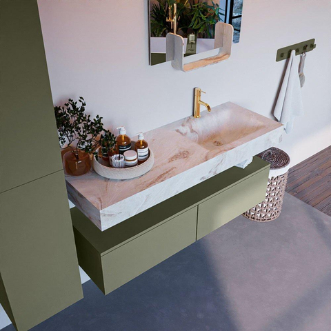 Mondiaz ALAN-DLUX Ensemble de meuble - 130cm - meuble Army mat - 2 tiroirs - Lavabo Cloud Frappe suspendu - vasque Droite - 1 trou de robinet SW805640
