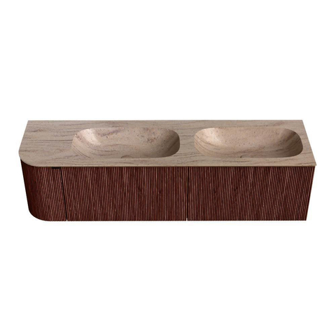 MONDIAZ KURVE-DLUX Meuble de salle de bains 165cm arrondi à gauche couleur Ruby avec 2 tiroirs et 1 porte. Lavabo STOR SMALL Double / Droite sans trou de robinet Saba. SW1433505