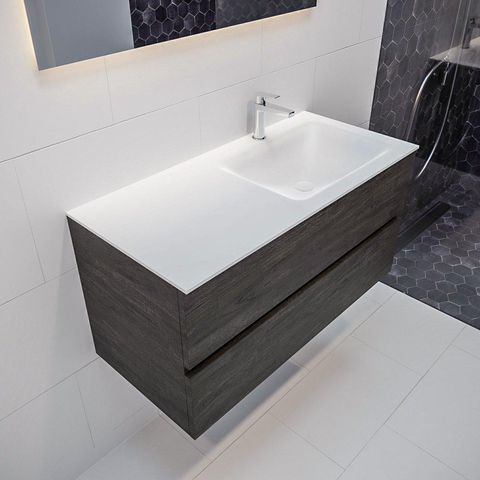 MONDIAZ VICA Badkamermeubelset - 100cm - 2 lades - wasbak Cloud rechts - 1 kraangat - solid surface dark brown SW410007