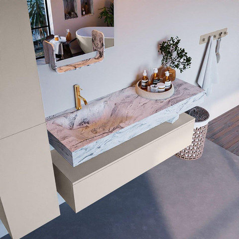 Mondiaz ALAN-DLUX Ensemble de meuble - 130cm - meuble Linen mat - 1 tiroir - Lavabo Cloud Glace suspendu - vasque Gauche - 1 trou de robinet SW805980