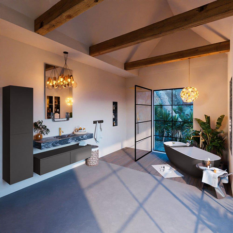 Mondiaz ALAN-DLUX Ensemble de meuble - 130cm - meuble Dark grey mat - 2 tiroirs - Lavabo Cloud Lava suspendu - vasque Centre - 1 trou de robinet SW808108