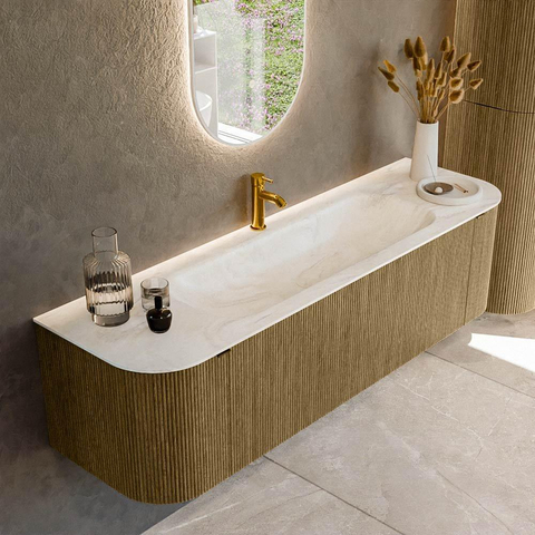 Mondiaz KURVE-DLUX Ensemble de meuble de salle de bains - 160x46x40cm - 1 tiroir - 2 portes - lavabo solid surface - milieu - 1 trou de robinet - Dusk SW1415162