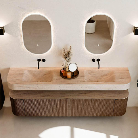 MONDIAZ THOR-DLUX Meuble de salle de bains - 200cm - arrondi gauche + droite - couleur Walnut - 2 tiroirs et 2 portes - Vasque suspendue CLOUD Double sans trou de robinet - couleur Saba SW1467217