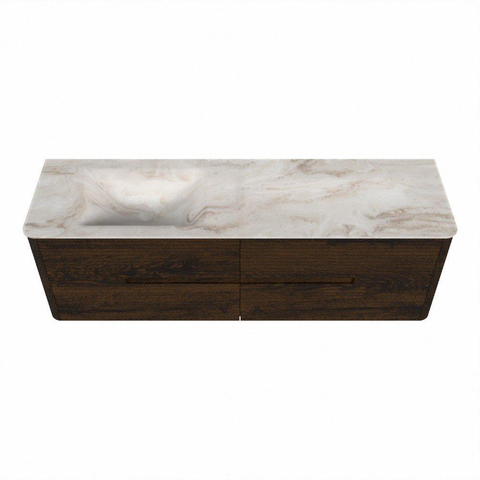 Mondiaz CIRO-DLUX Ensemble de meuble de salle de bains - 160x45x50cm - Plan vasque solid surface Frappe - 1 vasque à gauche - sans trous de robinet - 4 tiroirs - Noyer SW1530208