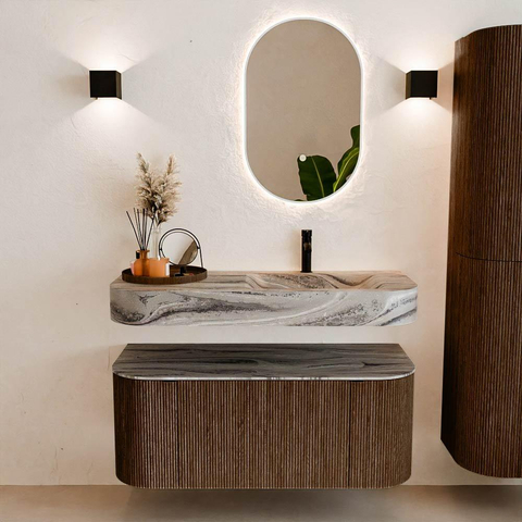 MONDIAZ THOR-DLUX Meuble de salle de bains - 110cm - arrondi gauche + droite - couleur Walnut - 1 tiroir et 2 portes - Vasque suspendue CLOUD Droite 1 trou de robinet - couleur Sombra SW1463036