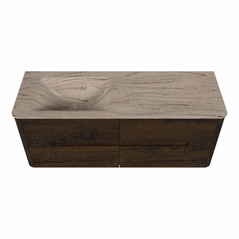 Mondiaz CIRO-DLUX Badkamermeubelset - 130x45x50cm - Solid surface wastafel Arena - 1 wasbak Links - zonder kraangaten - 4 lades - Walnut SW1530442