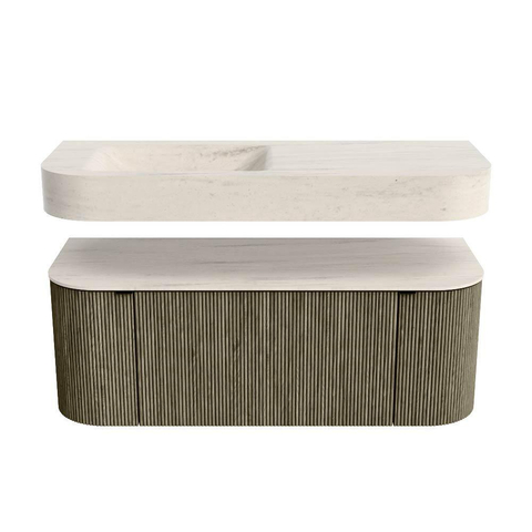MONDIAZ THOR-DLUX 120cm meuble de salle de bains arrondi gauche + droite couleur Shadow avec 1 tiroir et 2 portes. Vasque suspendue CLOUD Gauche sans trou de robinet couleur Meli. SW1467650