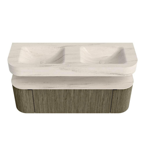 MONDIAZ THOR-DLUX 140cm meuble de salle de bains arrondi gauche + droite couleur Shadow avec 1 tiroir et 2 portes. Vasque suspendue CLOUD Double sans trou de robinet couleur Meli. SW1464406