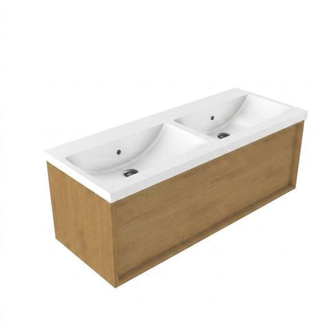 Saniclass Holz Frame Badkamermeubelset - 120x45x43.5cm - Bari keramische wastafel wit - 2 wasbakken - zonder kraangaten - 1 lade - mat eiken natural (hout) SW1478773
