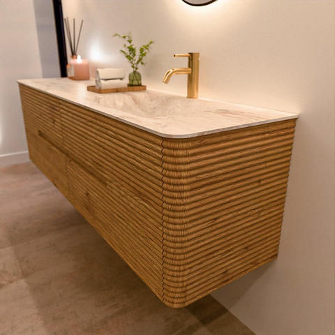 Mondiaz CIRO-DLUX Badkamermeubelset - 170x45x50cm - Solid surface wastafel Frappe - 1 wasbak Rechts - 1 kraangat - 4 lades - Oak SW1530805