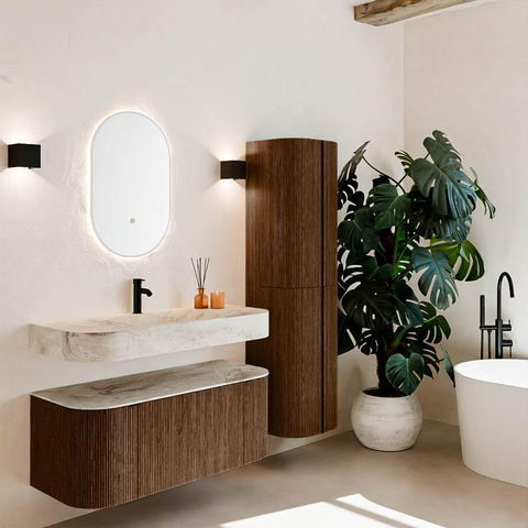 MONDIAZ THOR-DLUX 110cm badmeubel ronding links + rechts kleur Walnut met 1 lade en 2 deuren. Vrijhangende wastafel CLOUD Midden 1 kraangat kleur Frappe. SW1462773