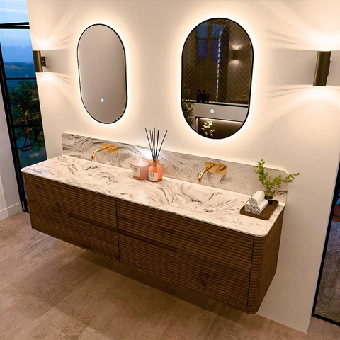 Mondiaz CIRO-DLUX Meuble de salle de bains - 190x45x50cm - Plan-vasque solid surface Glace - 2 vasques Double - sans trous de robinet - 4 tiroirs - Dusk SW1533013