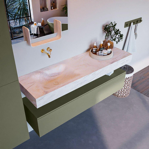 Mondiaz ALAN-DLUX Ensemble de meuble - 150cm - meuble Army mat - 1 tiroir - Lavabo Cloud Ostra suspendu - vasque gauche - 0 trous de robinet SW807393
